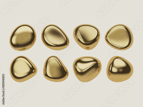 Eight smooth polished golden pebbles arranged in two rows on a neutral background