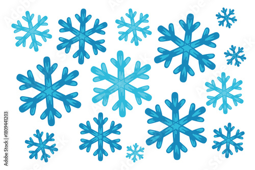 Collection of blue sparkling snowflakes on a white background