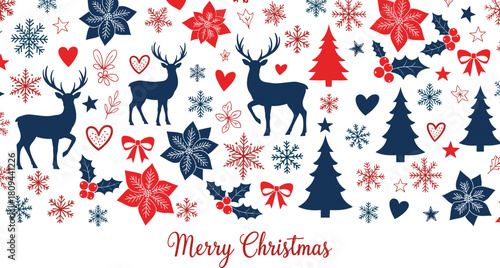 Christmas pattern with reindeer, trees, snowflakes, poinsettias, holly and hearts, festive holiday illustration, red and blue decorative seasonal design