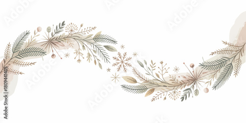 Soft winter wreath with delicate snowflakes and feathers on white background