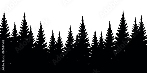 Silhouette of a dense evergreen forest against a white background