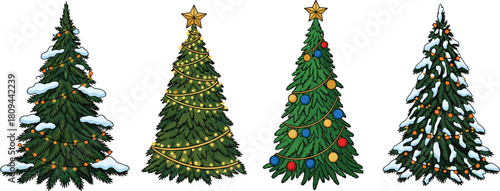 Set of decorated Christmas trees, festive holiday evergreen illustrations, winter snow trees with ornaments, lights, stars, seasonal celebration artwork