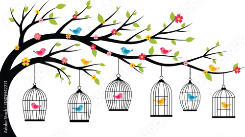 Colorful birds on blossoming tree branches, hanging birdcages illustration, spring nature artwork, cute cartoon bird design, decorative floral scene