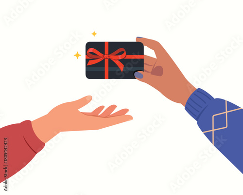 Hand holding gift card with credit card for surprise customer. Reward promotion concept.