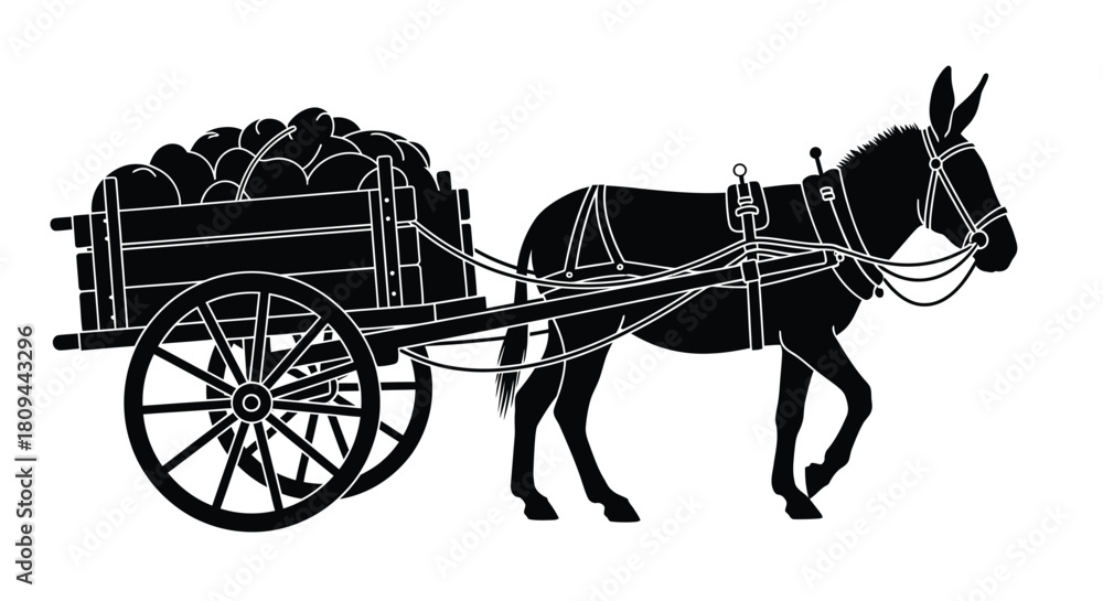 Naklejka premium A vintage illustration of a donkey pulling a cart filled with goods