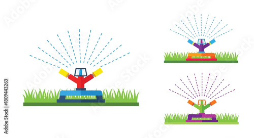 Colorful lawn sprinklers watering green grass in a simple flat illustration