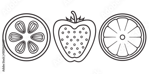 A black and white illustration of a cross-section of citrus fruits and a strawberry.