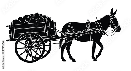 A vintage illustration of a donkey pulling a cart filled with goods