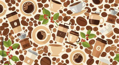 Vector illustration of a vintage coffee word cloud with espresso and cappuccino icons on a brown chalkboard background for cafe menu design
