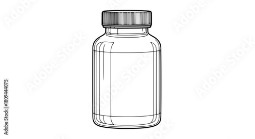Vector mockup of a supplement bottle in black and white, detailed contour lines, isolated, minimalist pharmaceutical packaging