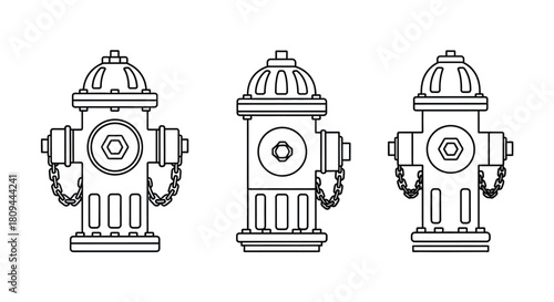 Three black and white line art illustrations of vintage fire hydrants