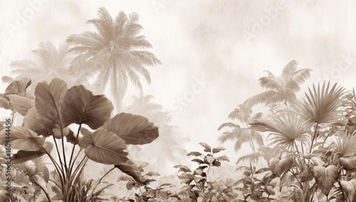 Sepia-toned illustrated panorama of lush tropical foliage, with palm trees and broad leaves
