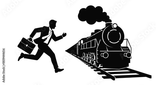 A businessman desperately chases a speeding steam train with his briefcase