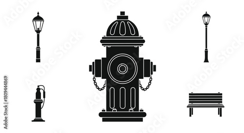 Black and white illustration of a fire hydrant street lights and park elements