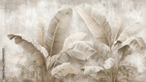 Neutral-toned mural featuring stylized banana leaf plants against a mottled, textured backdrop