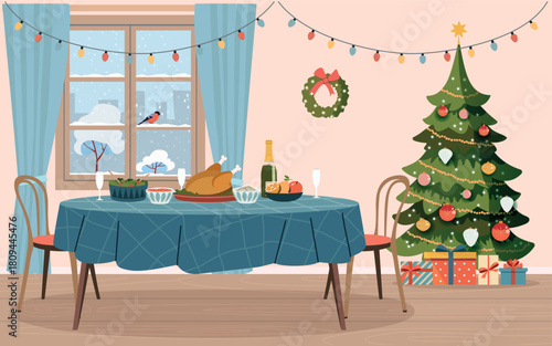 Living room Christmas interior. Festive food table, Christmas tree,  window and gift boxes. Vector flat illustration