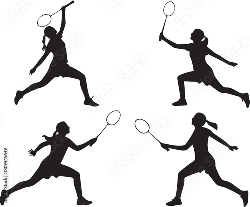 Badminton player in action silhouette ready to strike with racket in dynamic poses