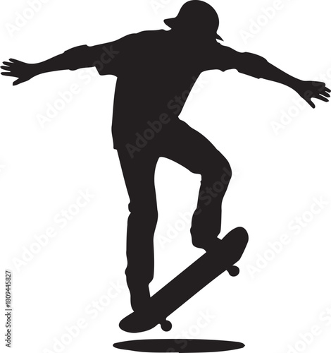 Silhouette of a skateboarder performing a trick with arms outstretched for balance