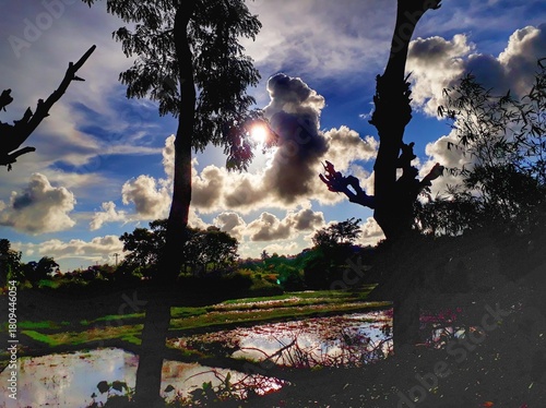 Rural landscape with sun behind clouds