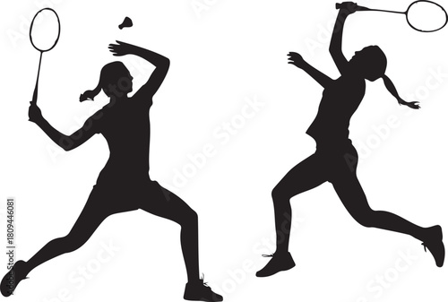 Two female badminton players in action silhouettes against a white background