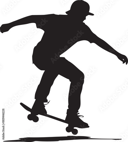 Silhouette of skateboarder performing a trick in midair against white backdrop