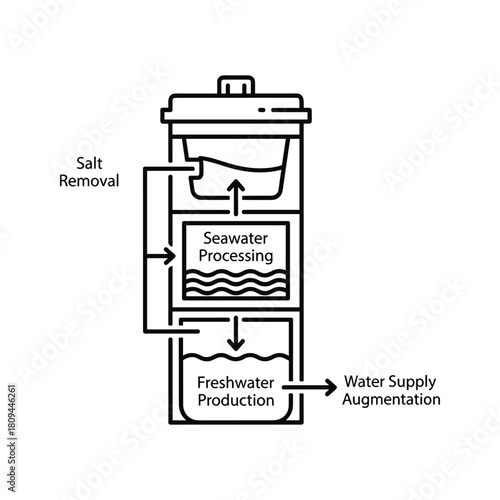 Desalination process diagram for seawater processing and freshwater production