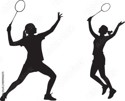 Two female badminton players in action silhouettes against a white background