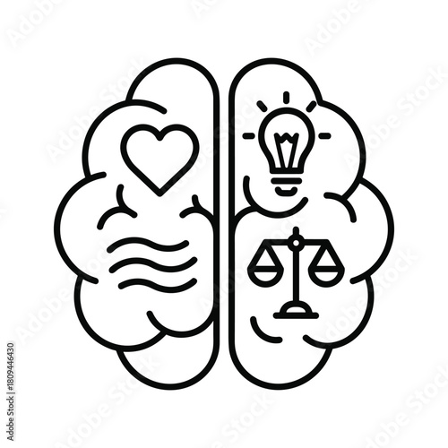 Human brain with heart, emotion, intuition, idea, and logic isolated on