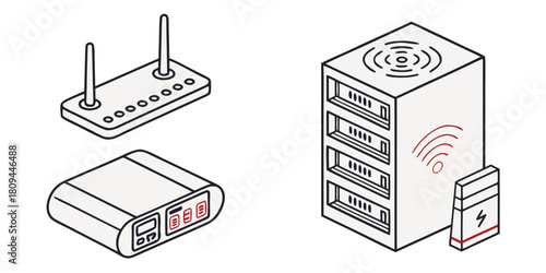 A group of network devices including routers, a server rack, and a power adapter are displayed.