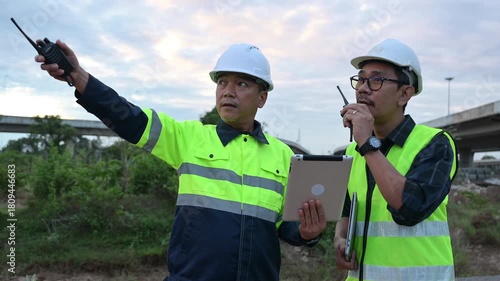 A Construction Site Engineer Two dedicated engineers work on a construction site, directing activities and communicating via radio. They embody teamwork and expertise, clad in safety attire.