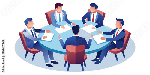 Group of six businessmen gathered around a circular conference table discussing important proposals and analyzing documents to make informed business decisions