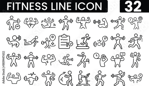 Collection of fitness and exercise line icons representing various activities and sports