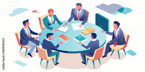 Business people sitting around round table with documents and laptop business meeting concept conference hall management team discussion vector illustration