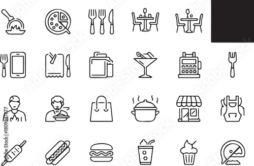 Restaurant and food service icons representing dining options and culinary themes