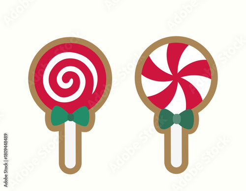 Red and white peppermint lollipop-shaped gingerbread cookie clipart set.
Winter Christmas party cookies.
Flat vector illustration.
White background.