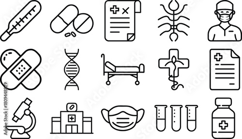 Collection of medical and healthcare icons representing various aspects of health and wellness