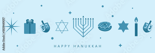 Vector illustration of Jewish holiday Hanukkah on blue background. Creative Celebration banner design with traditional minimal elements for israel.