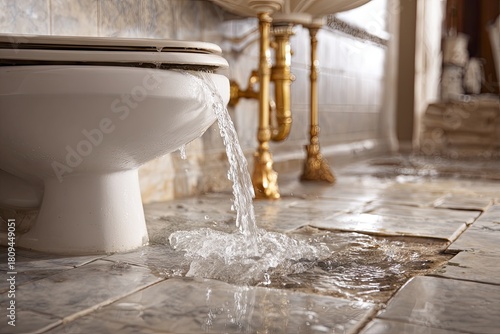 Overflowing toilet with water spilling onto a tiled floor in a bathroom, near ornate gold pipes