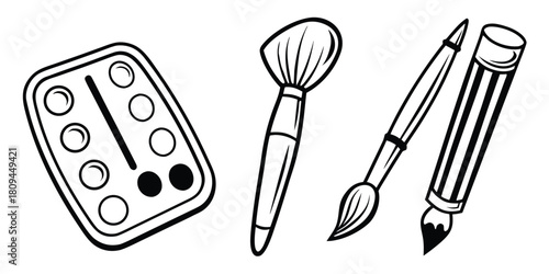 Art supplies including a paint palette, makeup brush, paintbrush, and pencil are arranged together.