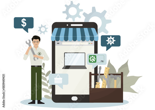 Digital Appliance Repairability Assessment with Technician and Tools isolated on transparent background. product maintenance and digital repair assessment. Vector illustration