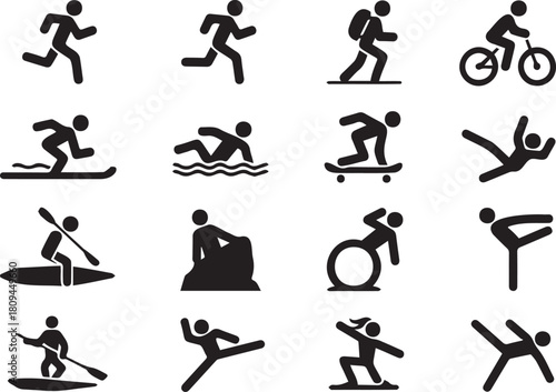 Diverse athletic pursuits depicted in simple black and white silhouette icons set