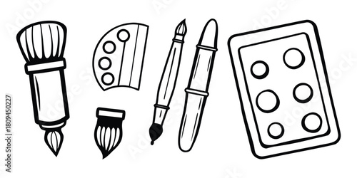 Art supplies including brushes, palette, and pens are arranged in a row.