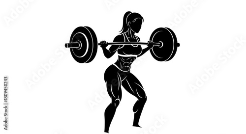 Silhouette of a woman performing a barbell squat exercise in a gym setting.
