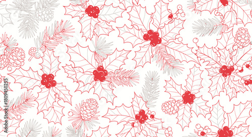 Seamless Christmas pattern with hand-drawn holly, berries, pine branches, and cones on a white background.