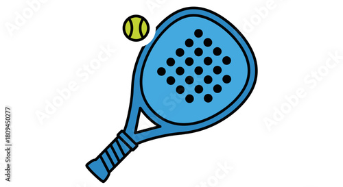 A blue padel racket with a yellow ball in the air, ready for a game.