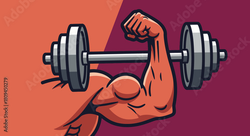 A strong, muscular arm flexing its bicep while holding a heavy dumbbell, set against a split-color background of orange and dark red.