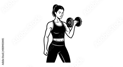 A strong, fit woman in athletic wear performing a bicep curl with a dumbbell, isolated on a white background.