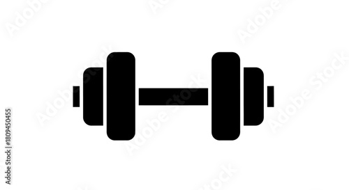 A simple black silhouette of a dumbbell, representing weightlifting and fitness.
