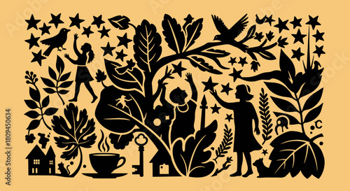 Intricate folk art silhouette of women interacting with nature, stars, and symbolic objects like a key and home.