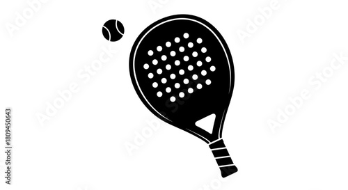 A black silhouette of a padel racket and ball, ready for a game.